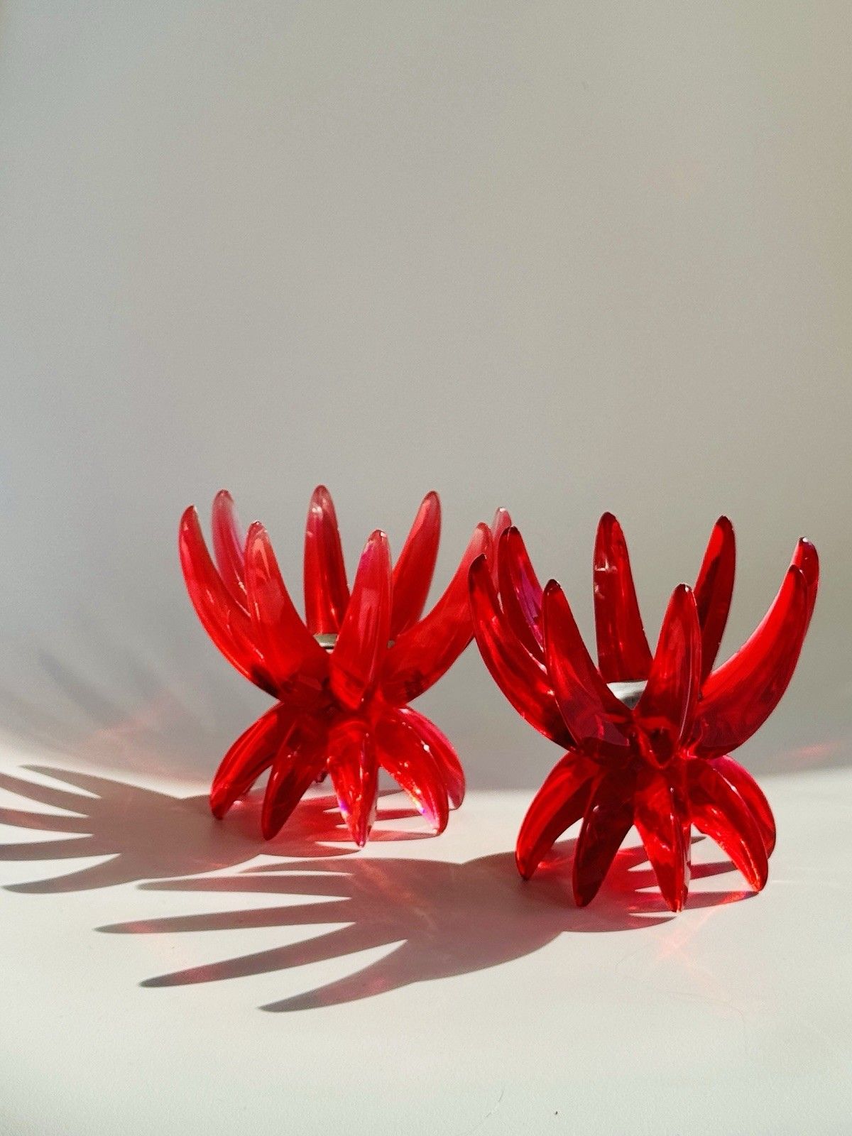 photo furniture 2 Red Lucite 1960’s Friedel Ges Gesch Lotus Candlesticks Germany Space Age
