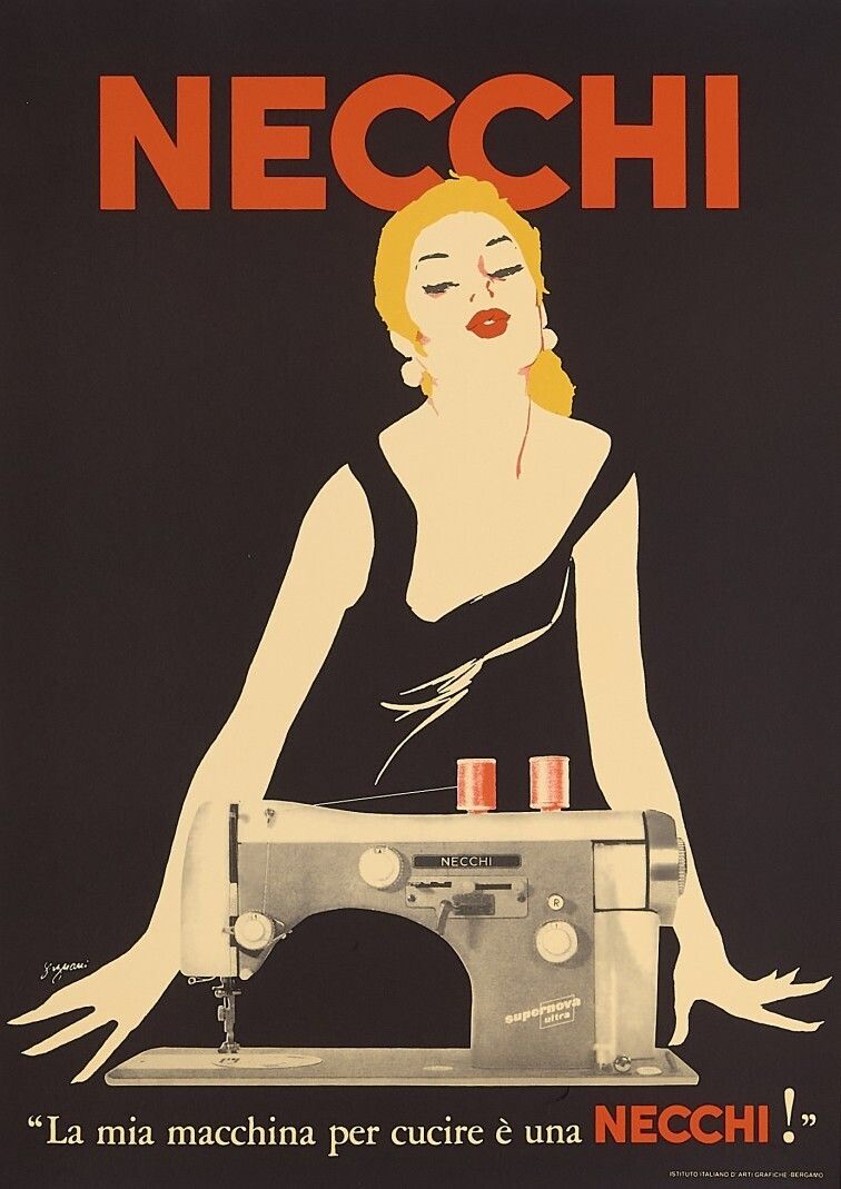 Jeanne Grignani, 80s   Necchi (Black)   Original Affiche Linen Backed On Canvas