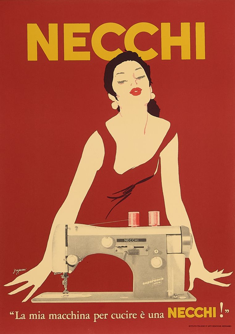 Jeanne Grignani, 80s   Necchi (Red)   Original Affiche Linen Backed On Canvas