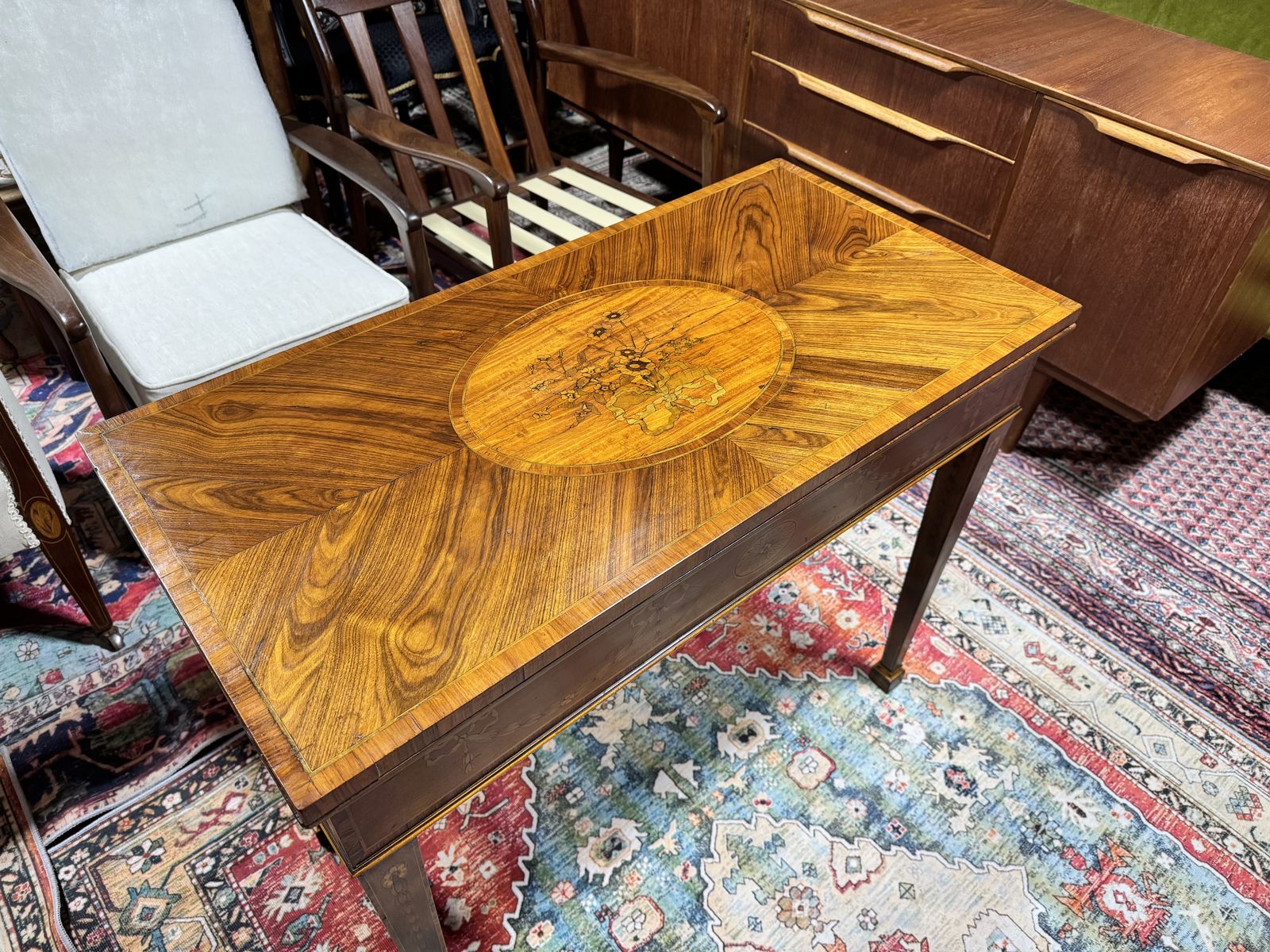 18th Century Marquetry Mahogany And Rosewood Veneer Fold Over Card Table photo buy