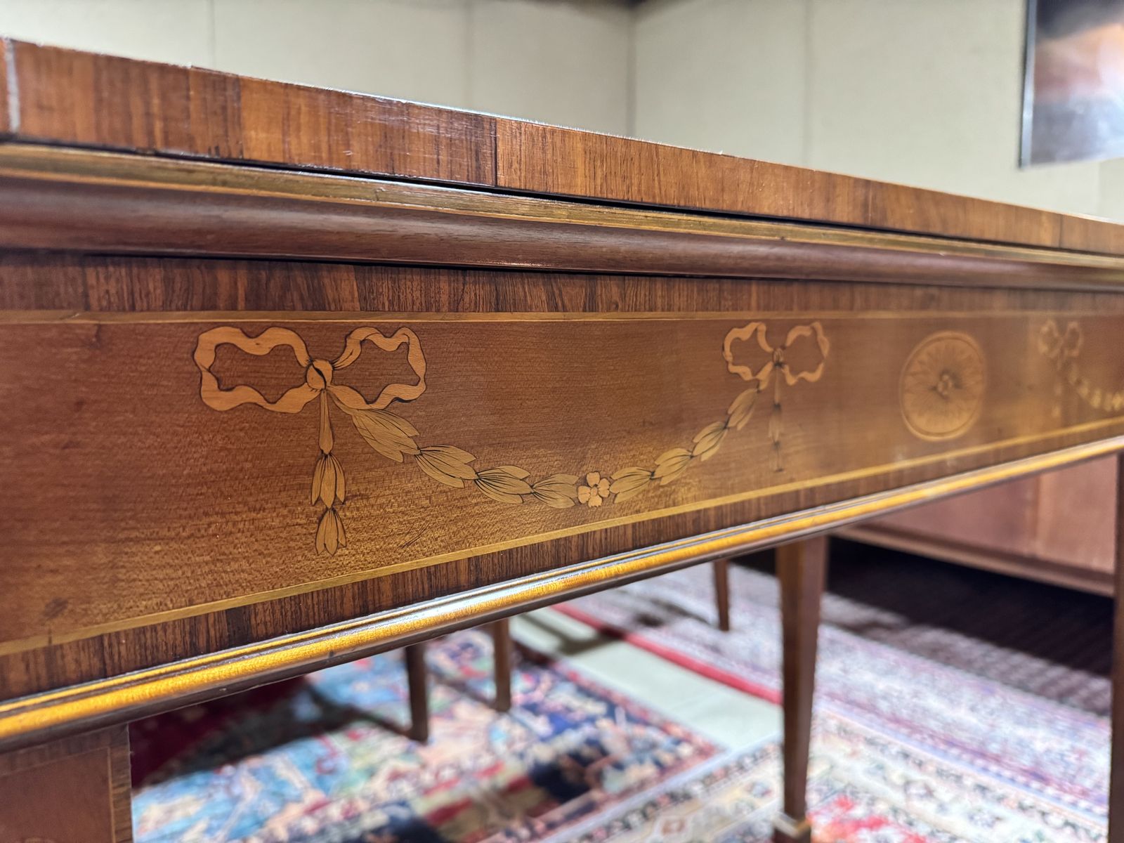 photo for sale 18th Century Marquetry Mahogany And Rosewood Veneer Fold Over Card Table