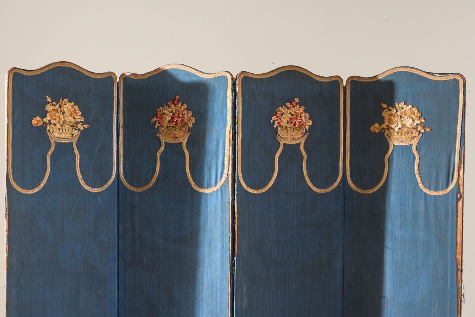1920's Blue Embroidered Room Screen   4 Panel photo for sale