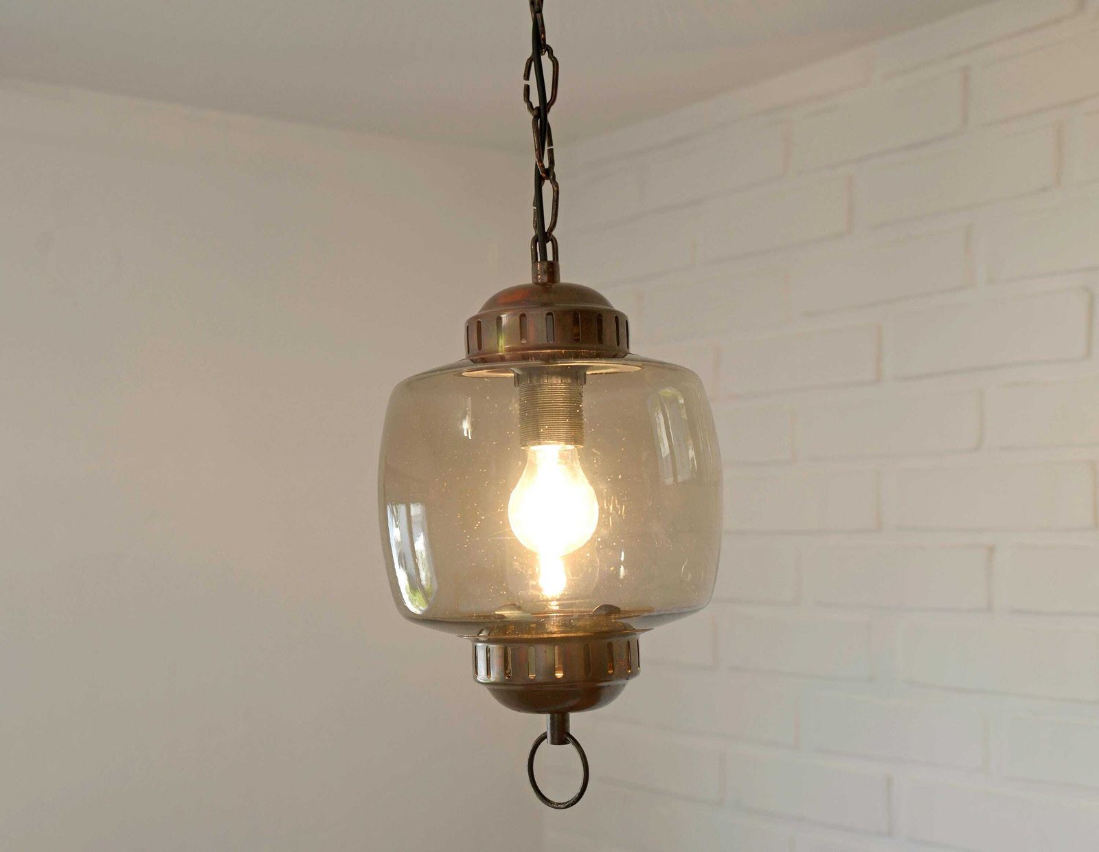 Vintage Copper Pendant Light From 70's / Amber Glass Ceiling Lantern / Mid Century Modern Light Fixture