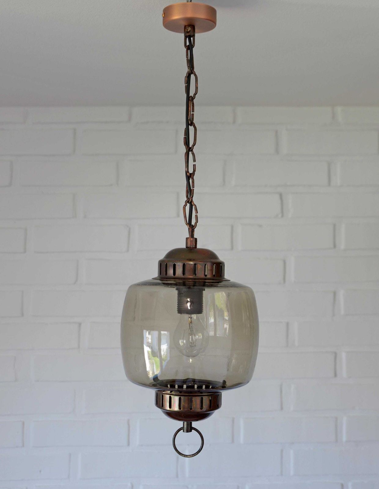 Vintage Copper Pendant Light From 70's / Amber Glass Ceiling Lantern / Mid Century Modern Light Fixture photo vinterior