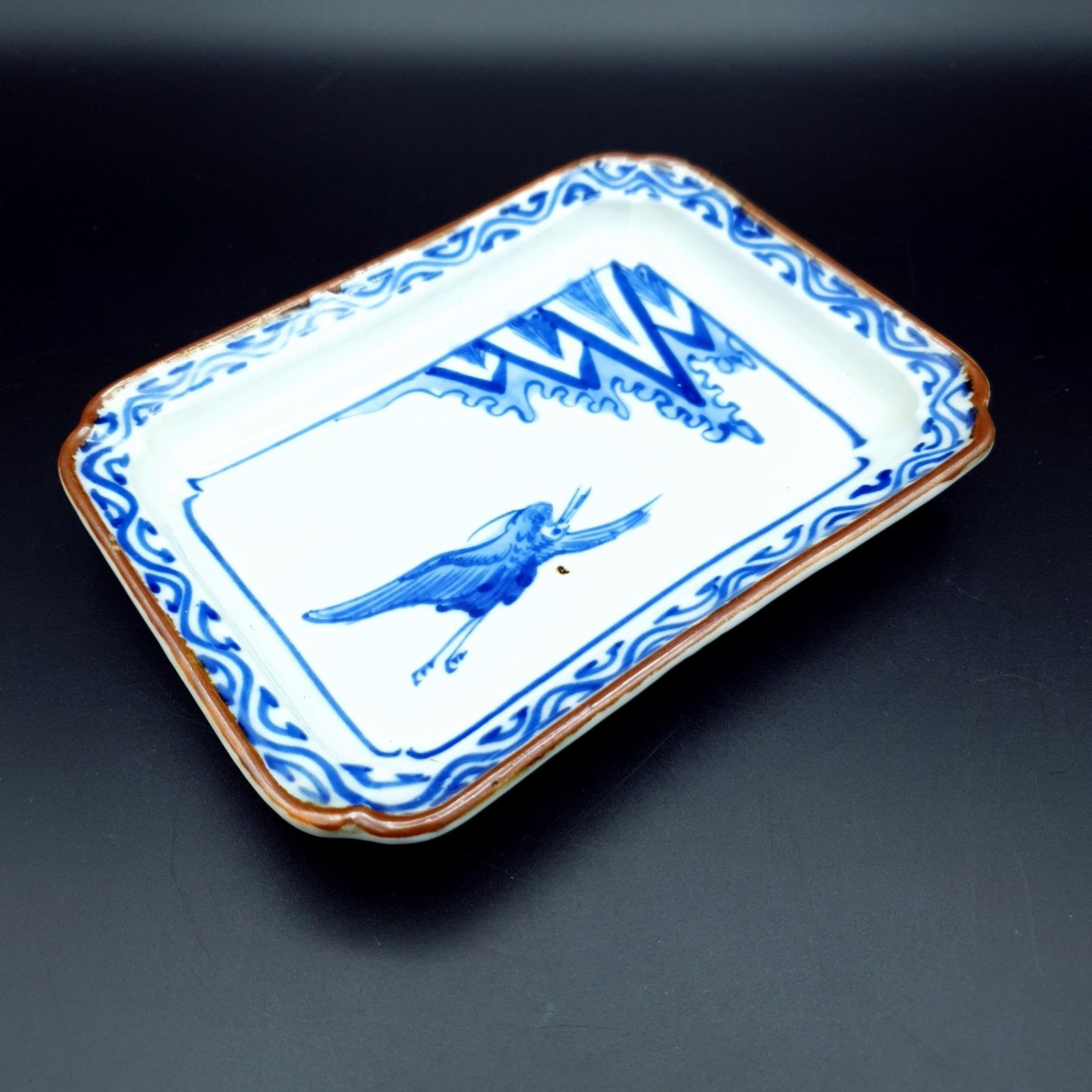 photo for sale Japanese Shallow Dishes Imari Style Blue & White Handpainted Motif Crane L6.25"