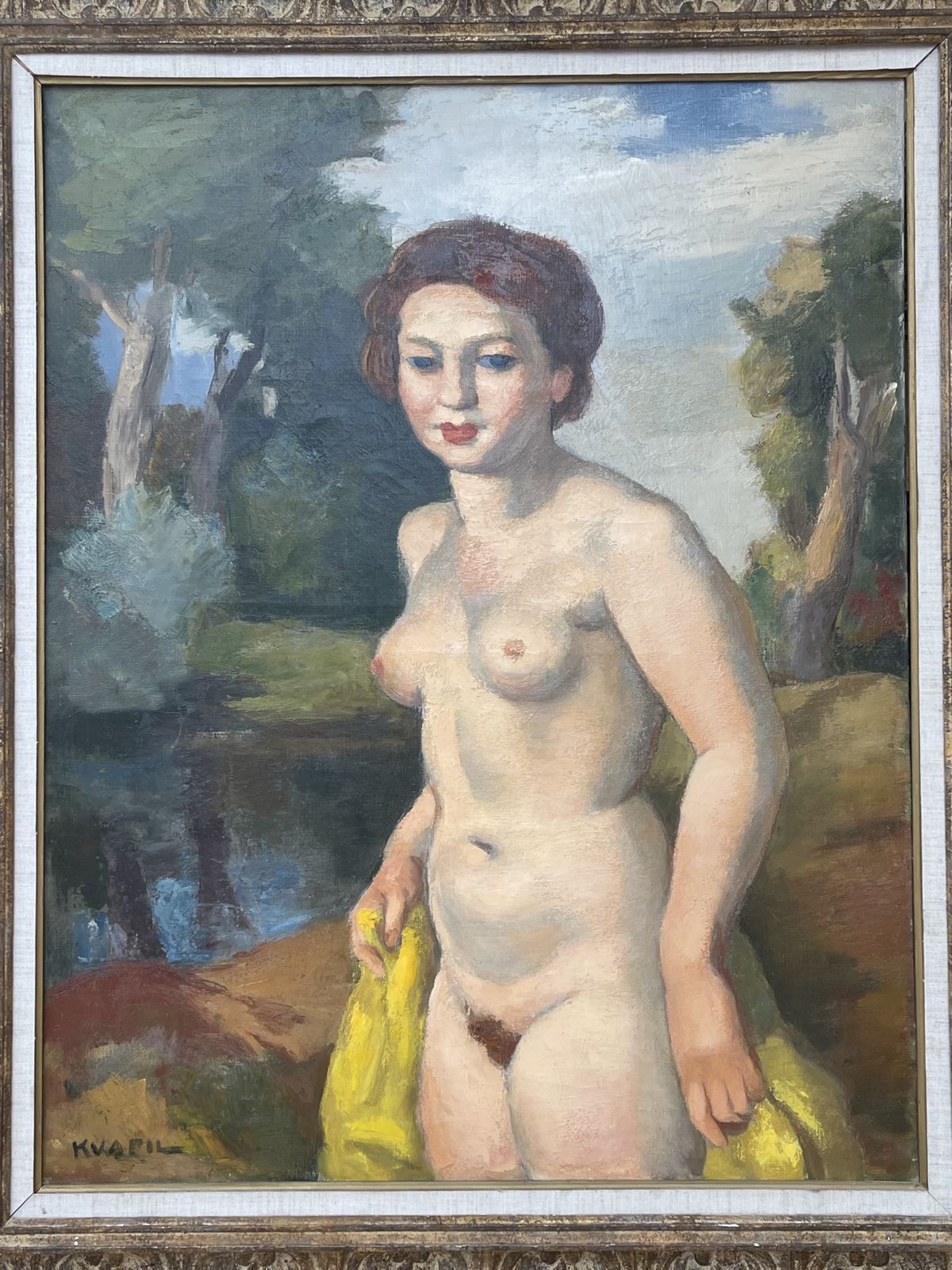 "Nude Woman Holding A Yellow Drape In A Landscape", Charles Kvapil (1884 1957) photo furniture