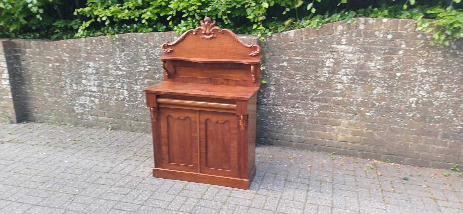 Victorian Rococo Revival Mahogany Chiffoniere 19th Century Antique Sideboard With Carved Pediment & Gothic Panels