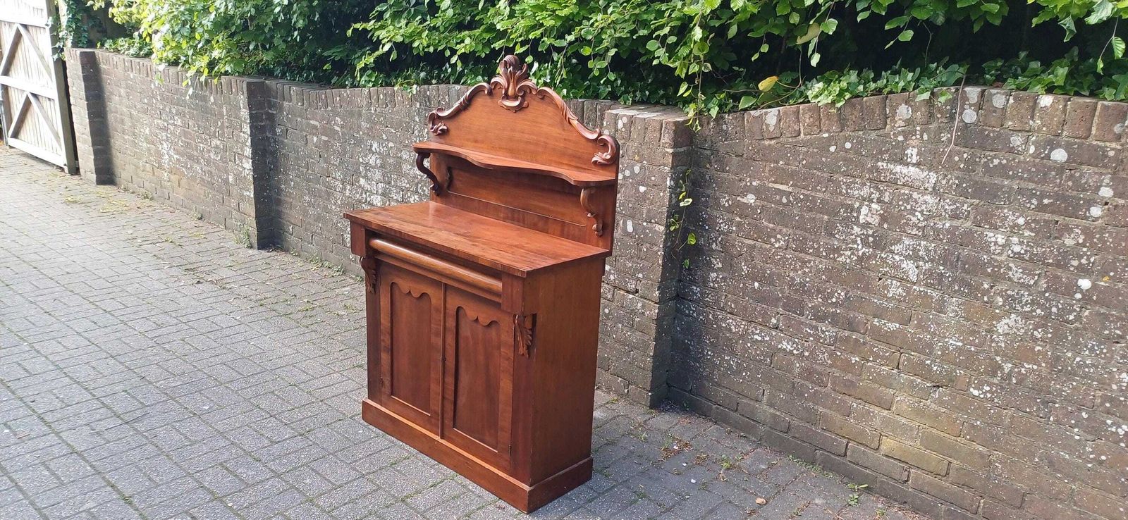 Victorian Rococo Revival Mahogany Chiffoniere 19th Century Antique Sideboard With Carved Pediment & Gothic Panels photo Furniture