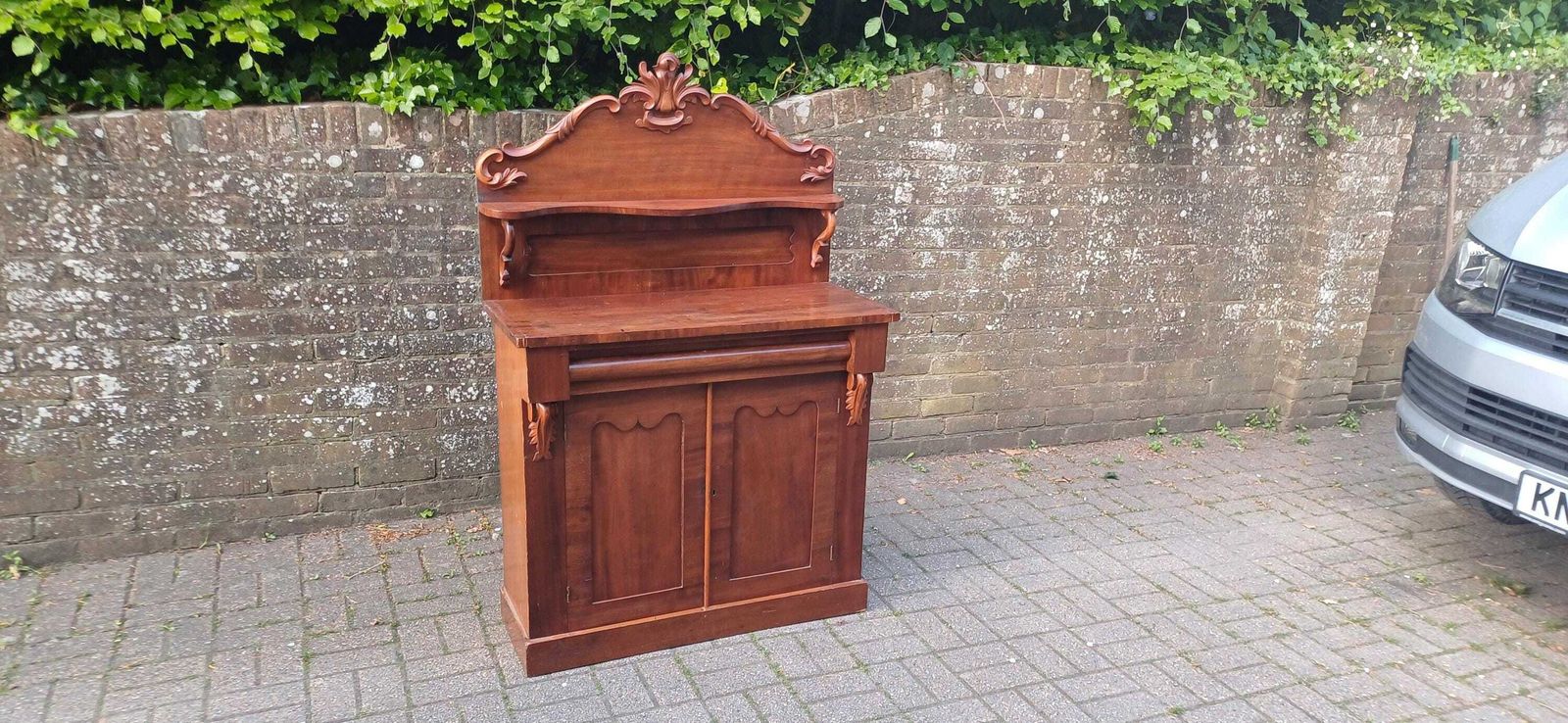 Victorian Rococo Revival Mahogany Chiffoniere 19th Century Antique Sideboard With Carved Pediment & Gothic Panels photo vintage