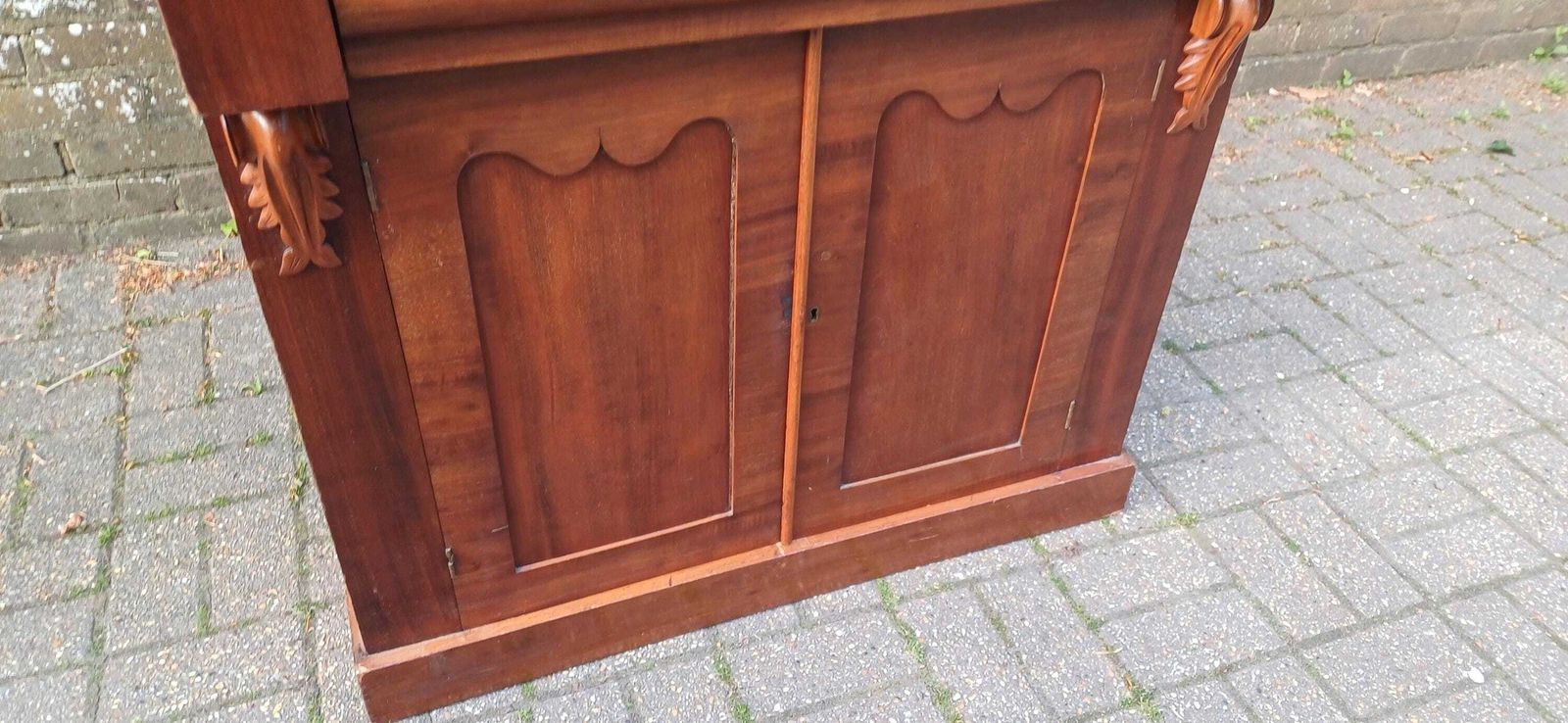 photo furniture Victorian Rococo Revival Mahogany Chiffoniere 19th Century Antique Sideboard With Carved Pediment & Gothic Panels