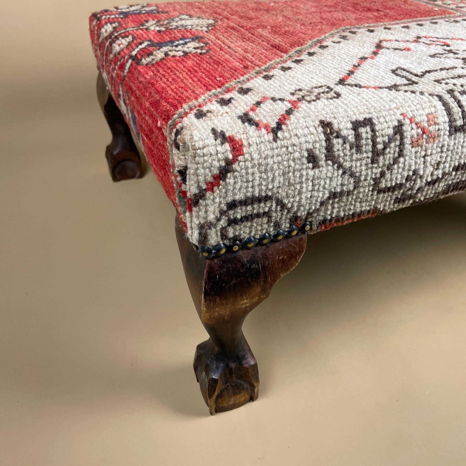 Antique Wooden Stool Upholstered Carpet Kilim Wood Cottage Furniture Rectangle Brown Hallway Farmhouse Seat 22x50x43cm Footstool Bench Red photo 225.0