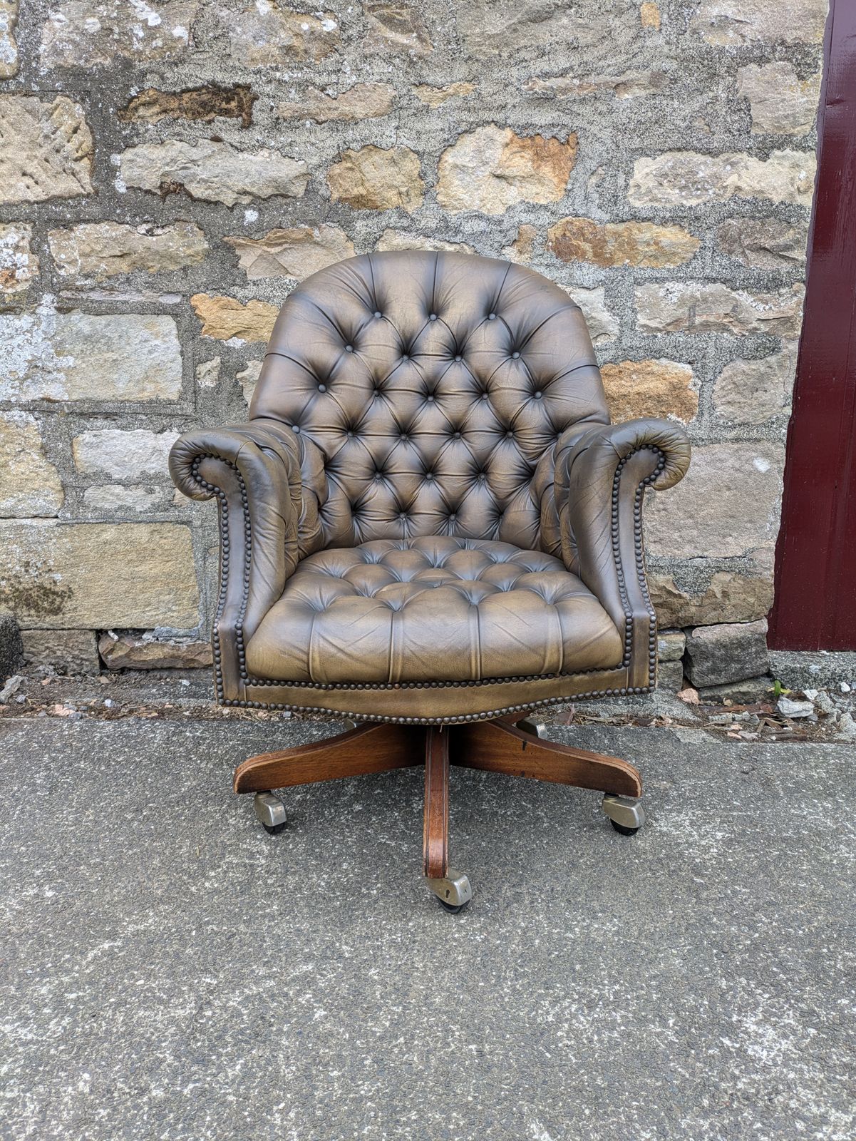 Vintage Tan Leather Chesterfield Style Swivel Directors Chair