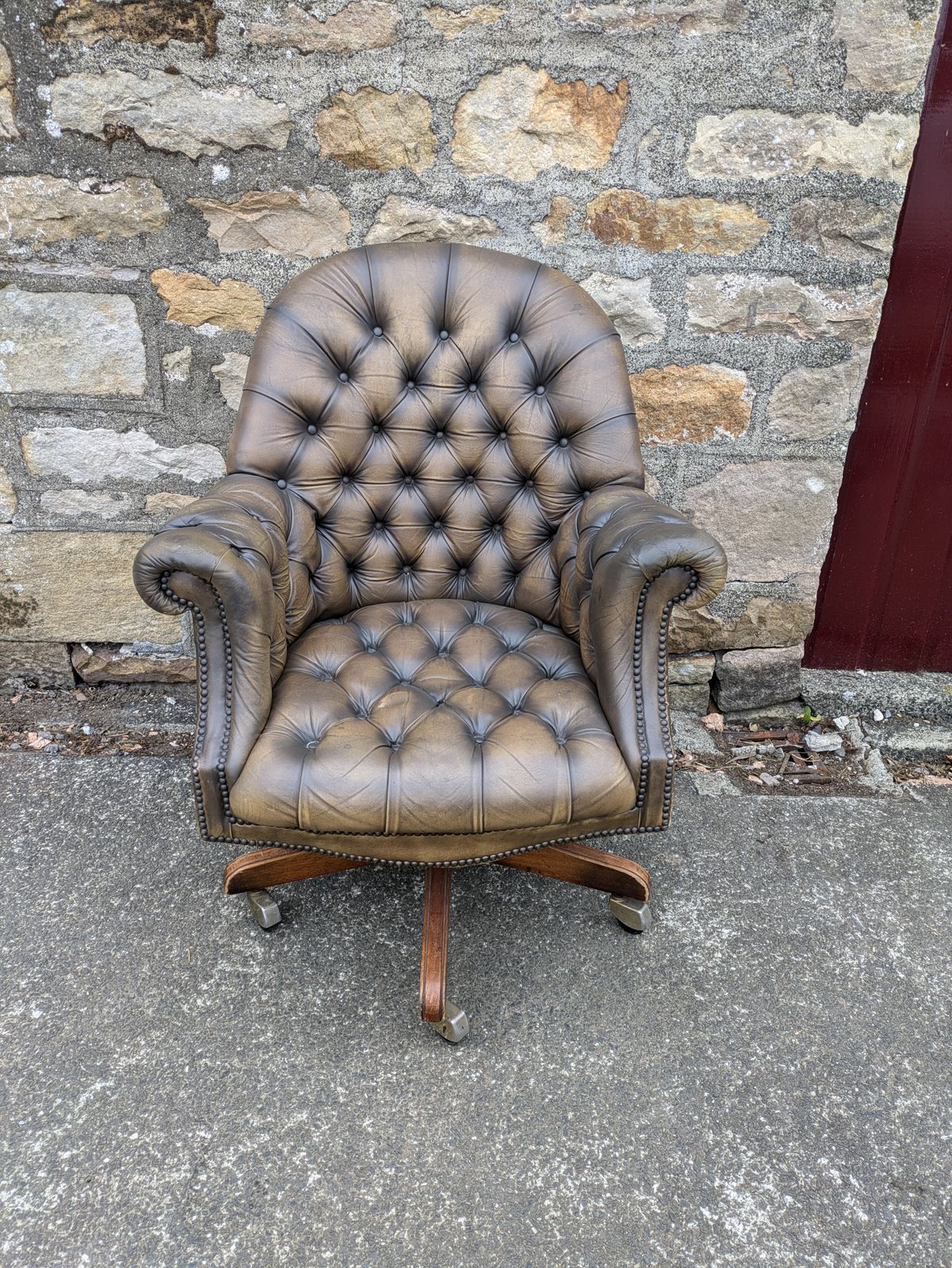 Vintage Tan Leather Chesterfield Style Swivel Directors Chair photo for sale