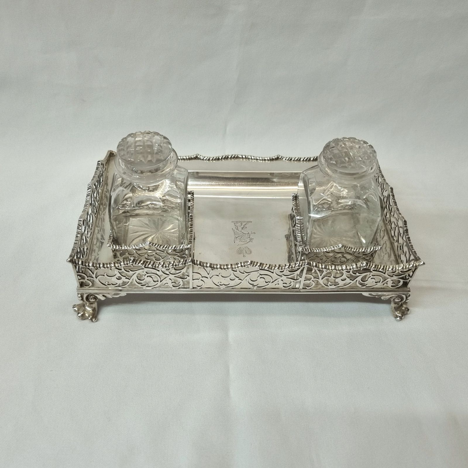 An Eye Catching Antique Victorian Sterling Silver Inkstand By John W. Figg, London 1884, With An Interesting Aristocratic Armorial Device. photo for sale