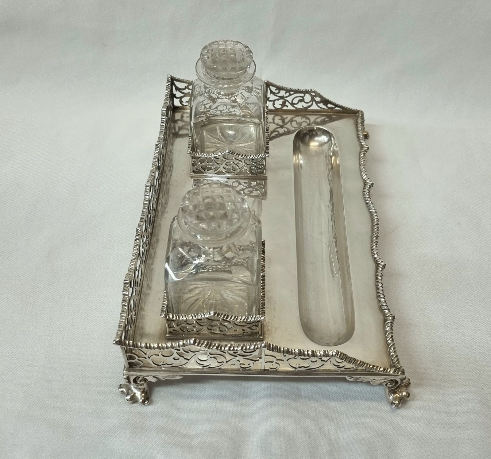 photo for sale An Eye Catching Antique Victorian Sterling Silver Inkstand By John W. Figg, London 1884, With An Interesting Aristocratic Armorial Device.