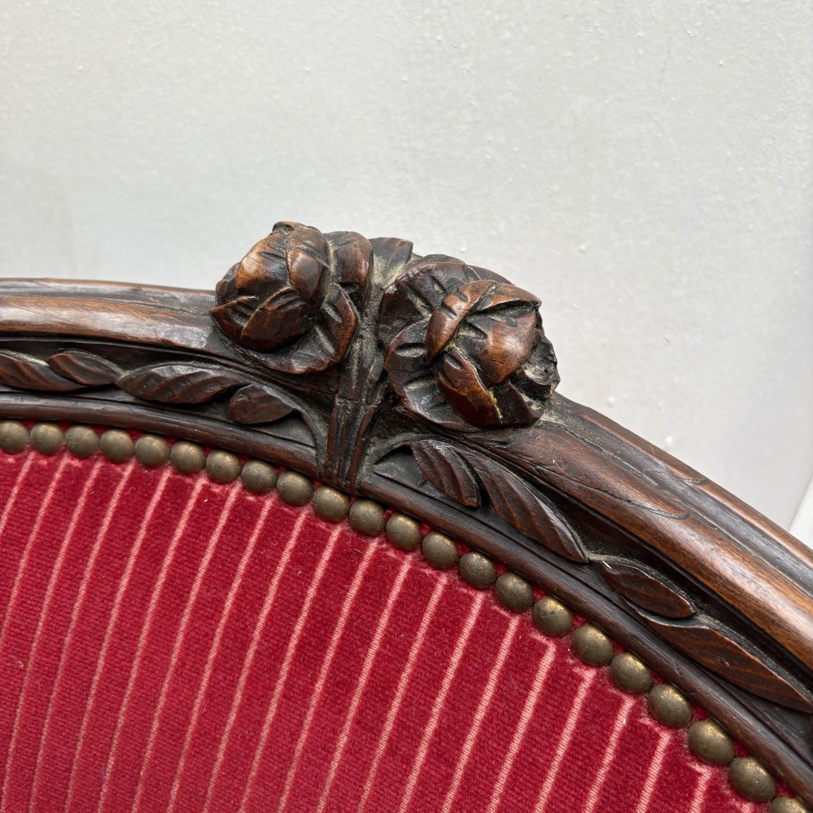 225.0 French Mahogany Red Striped Upholstery Boudoir Accent Arm Chair photo