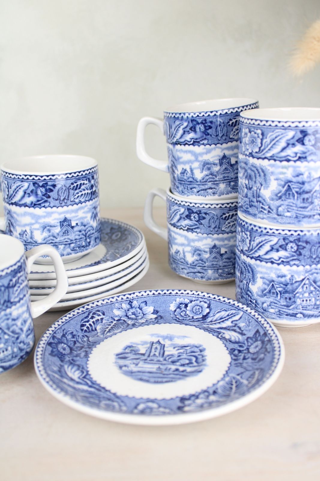 Set Of 6 Burslem Woods & Sons Woodland Blue And White Espresso Cups And Saucers photo 85.0