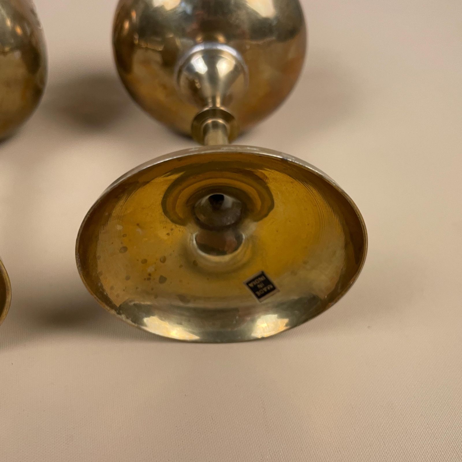Antique Matching Pair Of Gold Brass Metal Candlestick Candle Stick Vintage Taper Dinner Candlesticks Column Lantern Round Base Indian India photo vintage