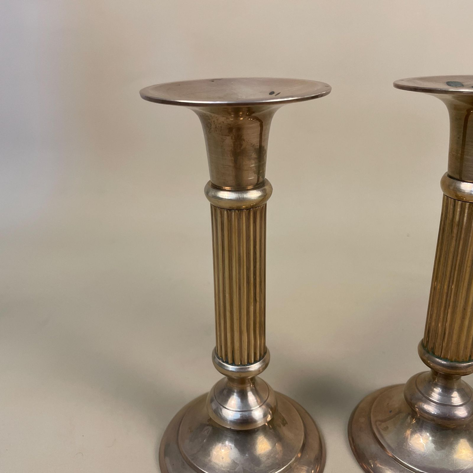Antique Matching Pair Of Gold Brass Metal Candlestick Candle Stick Vintage Taper Dinner Candlesticks Column Round Base Striped Pillar photo buy