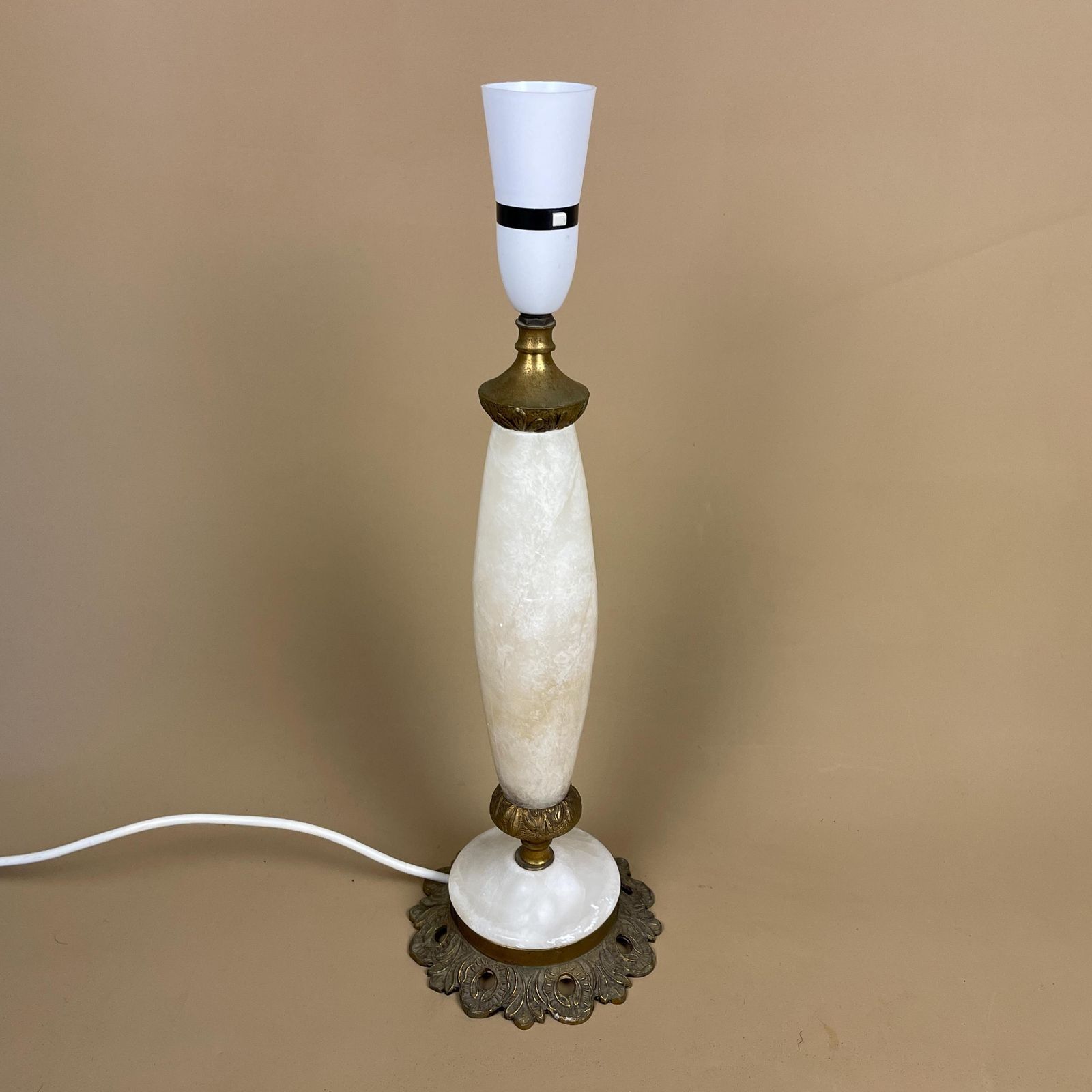Antique White Onyx Marble Lamp Light Bedside Brass Gold Ornate Vintage Old Stone Floral Shape Base Tall Column