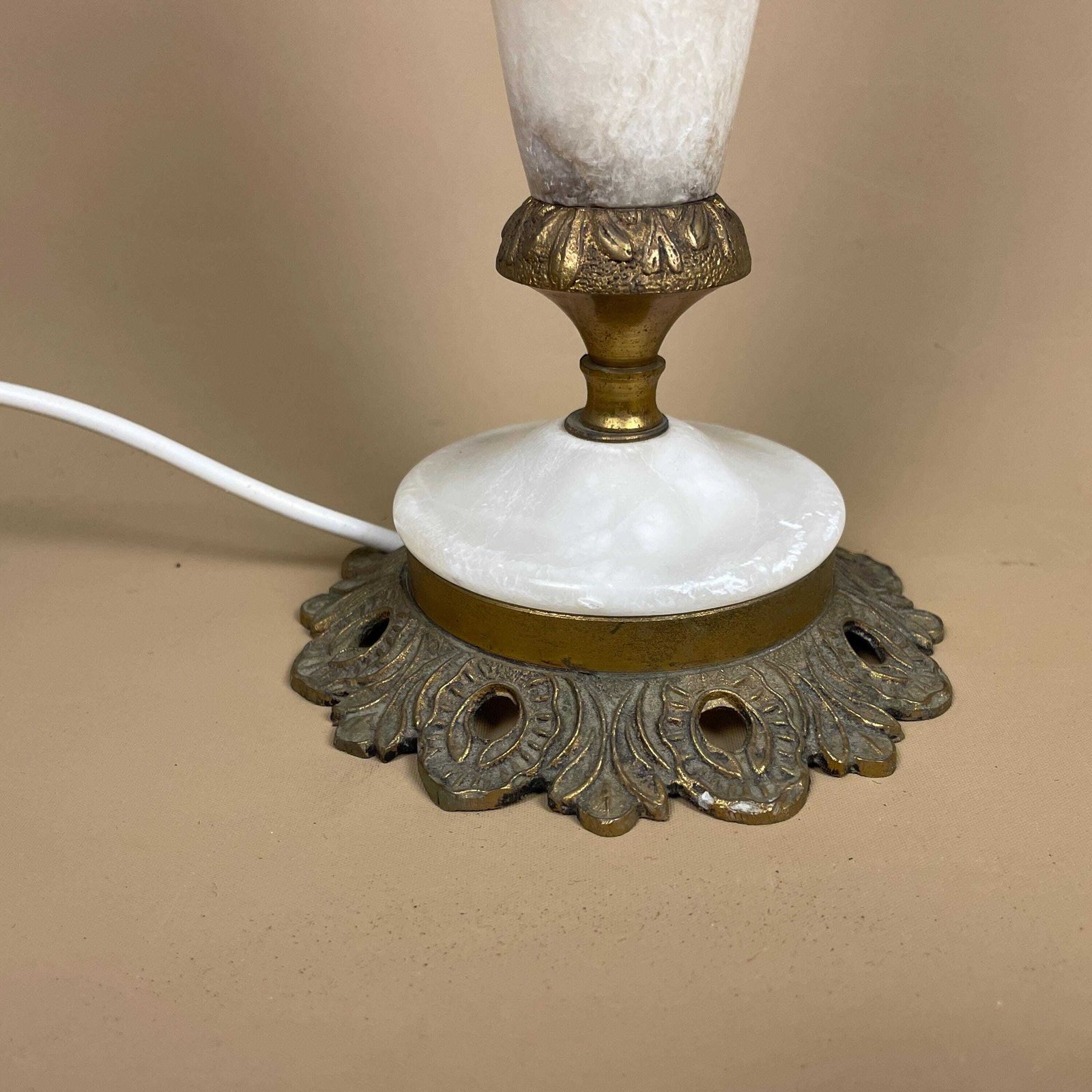Antique White Onyx Marble Lamp Light Bedside Brass Gold Ornate Vintage Old Stone Floral Shape Base Tall Column photo for sale