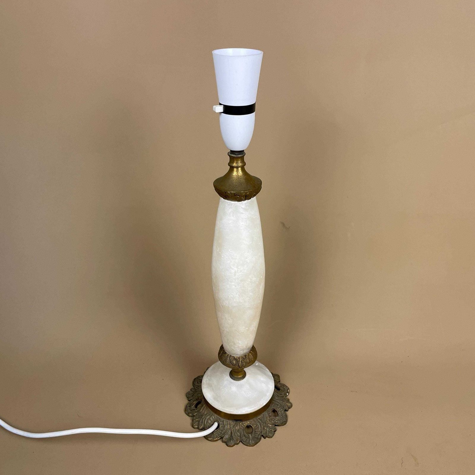Antique White Onyx Marble Lamp Light Bedside Brass Gold Ornate Vintage Old Stone Floral Shape Base Tall Column photo vinterior