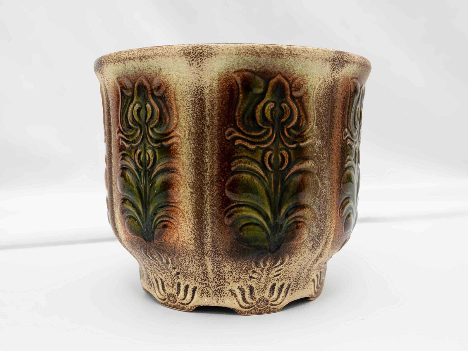 West German Ceramic Plant Pot Planter Beige Brown Green Design Vintage Studio Pottery 1970s Mid Century Home Decor photo Home Decor