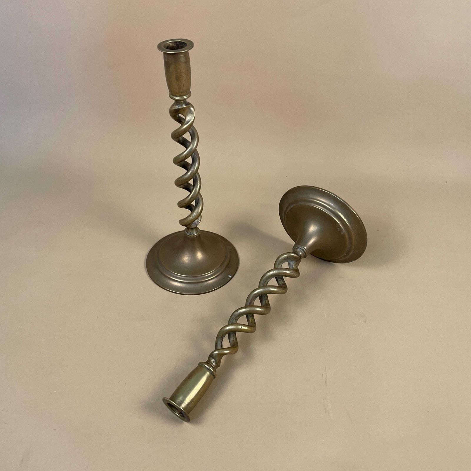 Antique Matching Pair Of Gold Brass Metal Candlestick Candle Stick Vintage Column Taper Dinner Candlesticks Twisted Twist Round Base photo furniture