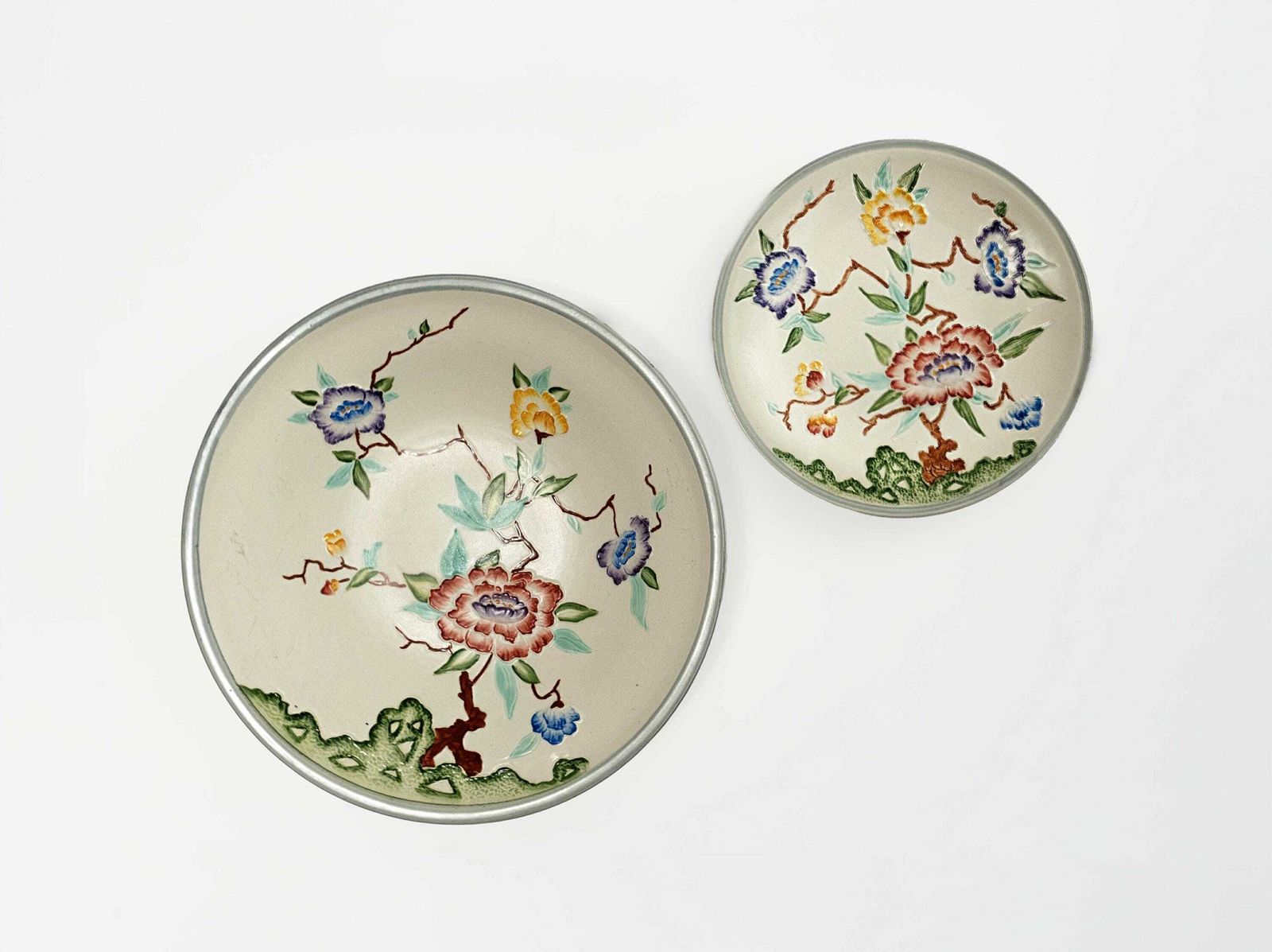 Pair Of Serving Dishes By H.J. Wood 'Chinese Rose' Art Deco Style Flowers Design Vintage Pottery Tableware 1960 Mid Century Home Decor