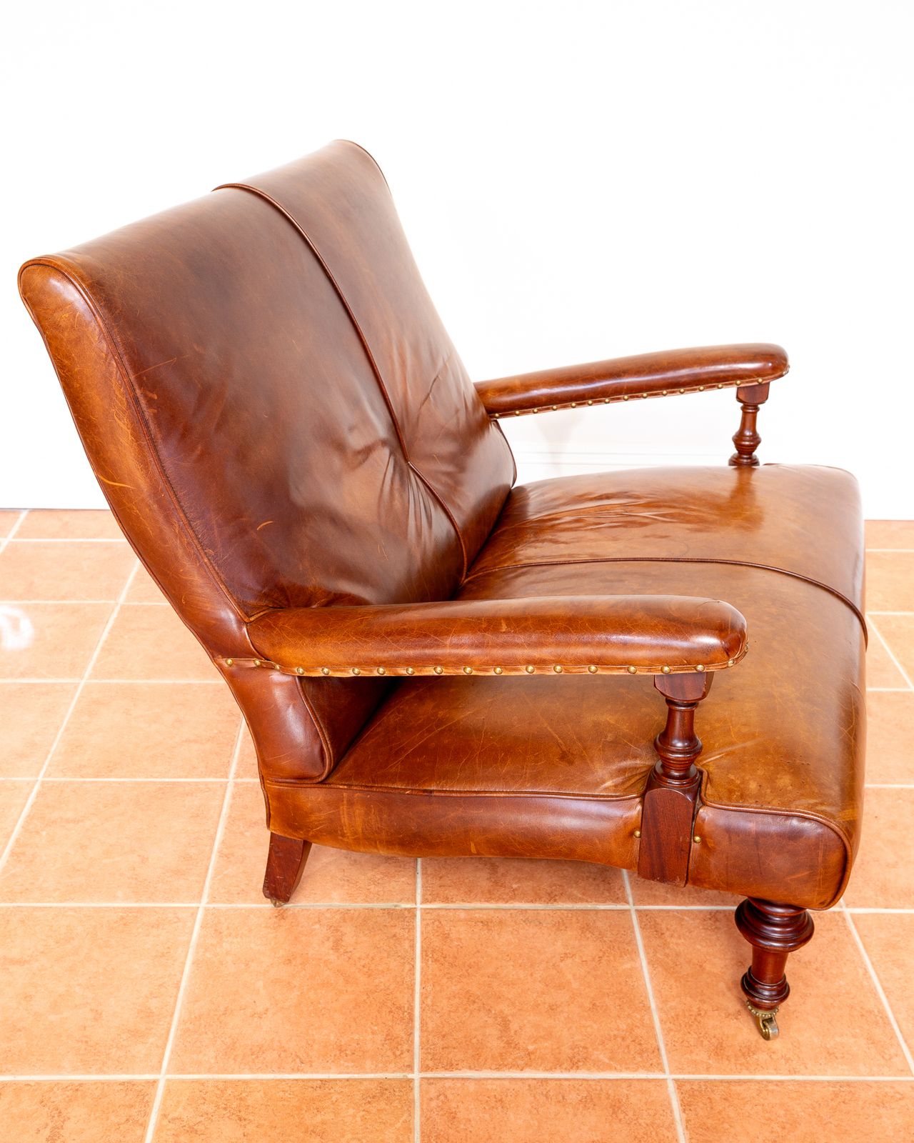 photo for sale Open Arm Hide Leather Library Sofa Country House Howard & Sons Style By Mulberry Mahogany 2 Seater English Leather Chair Library Chair Leather Hide