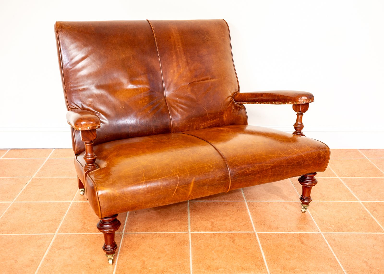 Open Arm Hide Leather Library Sofa Country House Howard & Sons Style By Mulberry Mahogany 2 Seater English Leather Chair Library Chair Leather Hide photo for sale