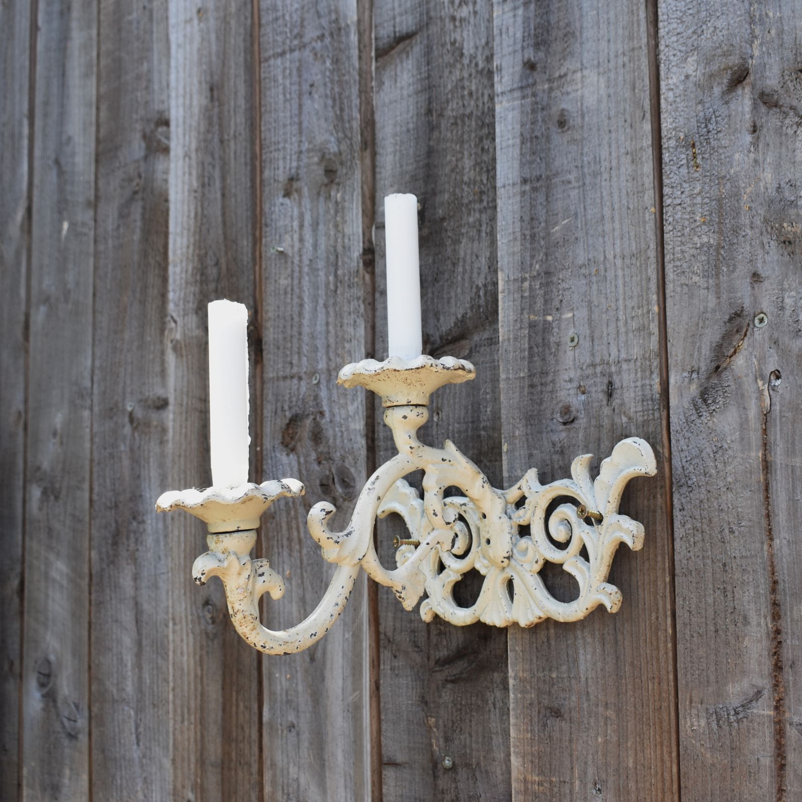 Antique Style Cast Iron White Painted Candle Holder Candlestick Garden Sconce