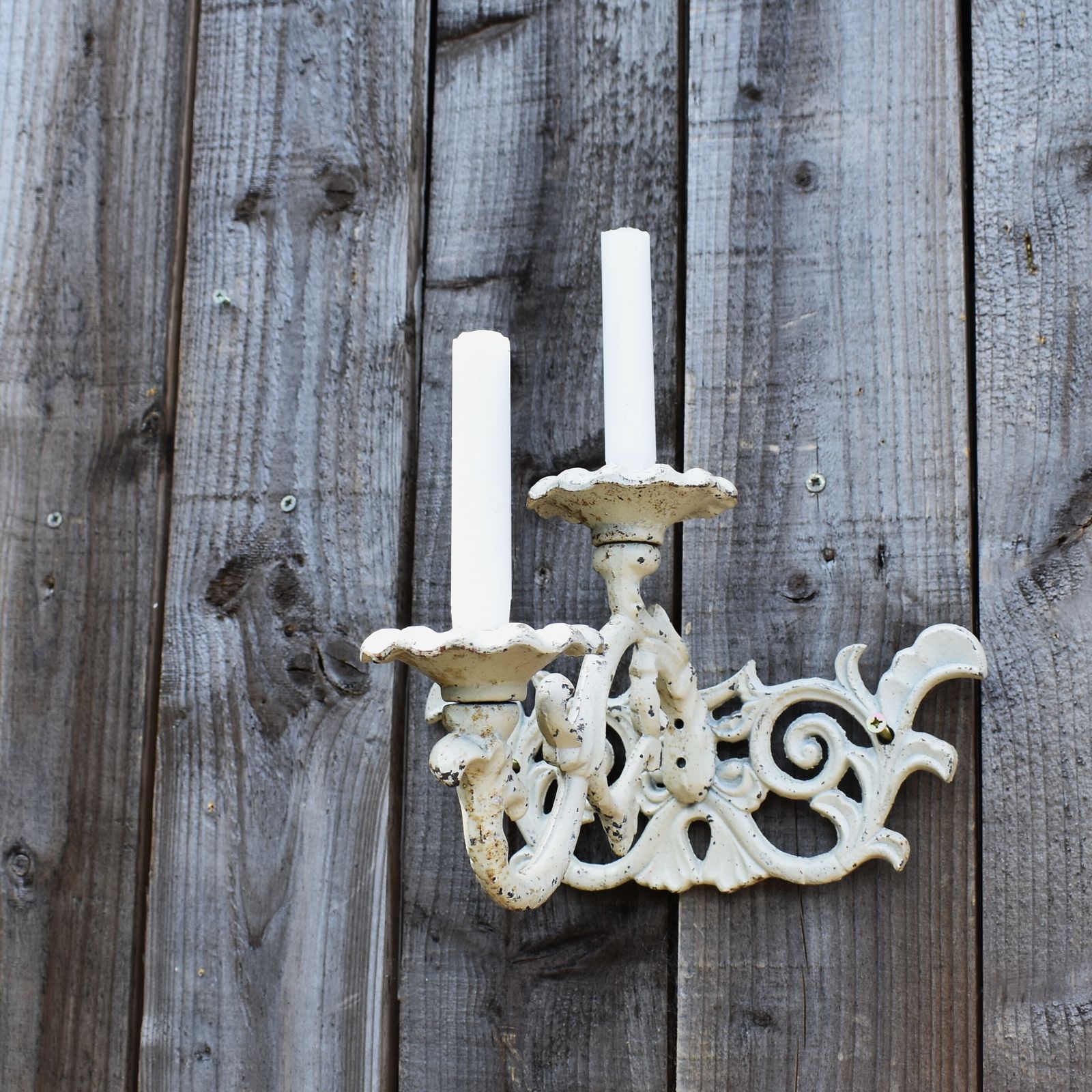 Antique Style Cast Iron White Painted Candle Holder Candlestick Garden Sconce photo 75.0