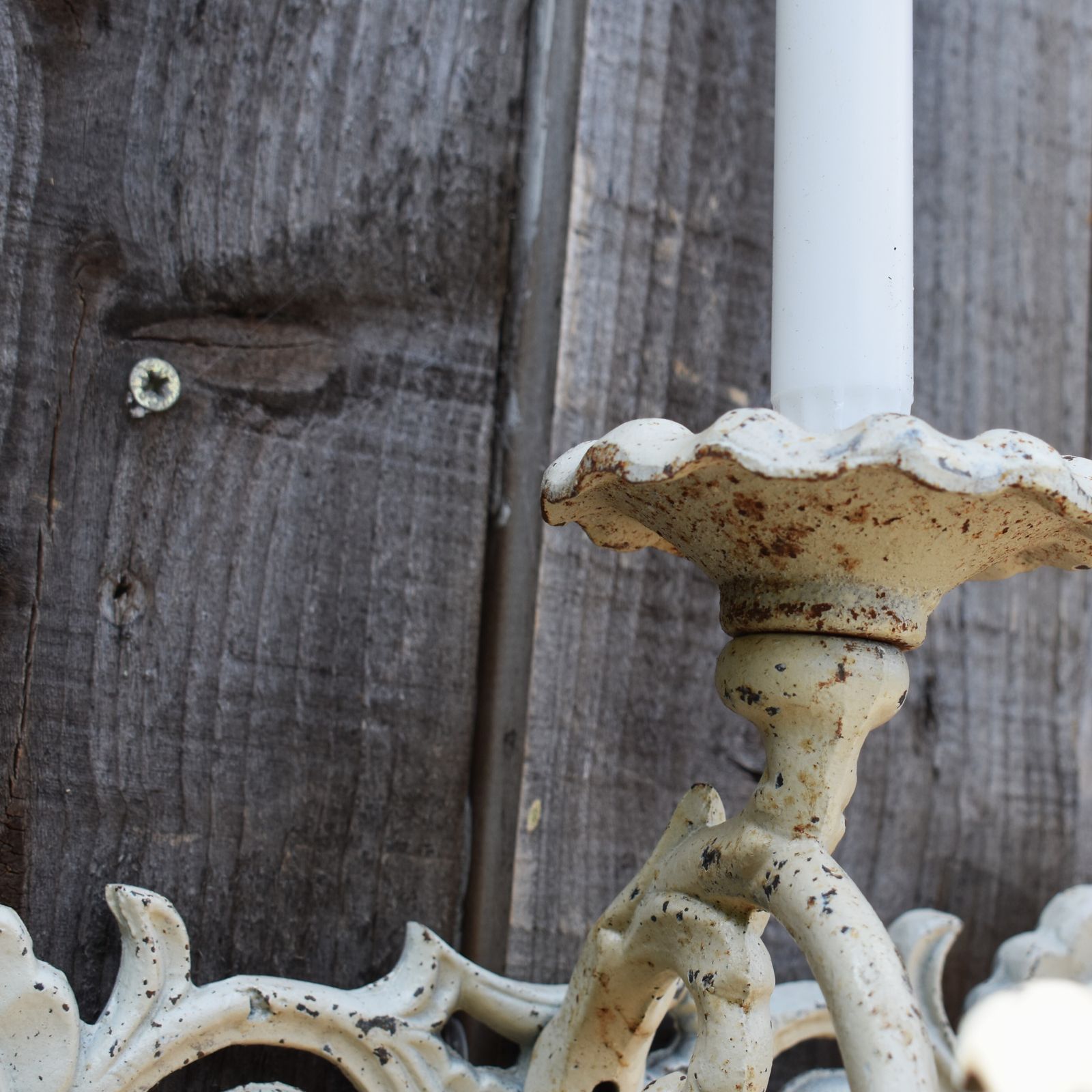 Home Decor Antique Style Cast Iron White Painted Candle Holder Candlestick Garden Sconce photo