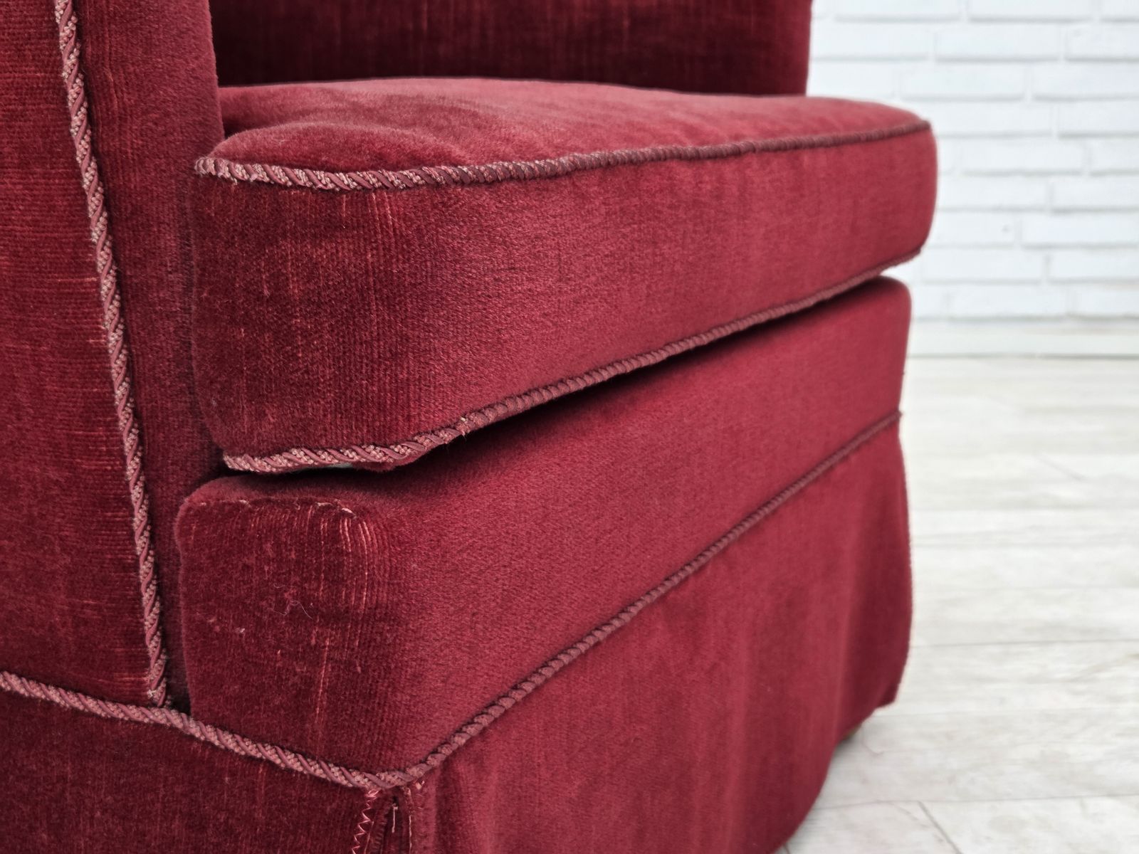 1970s, Danish Highback Chair, Cherry Red Furniture Velour, Ash Wood Legs. photo furniture
