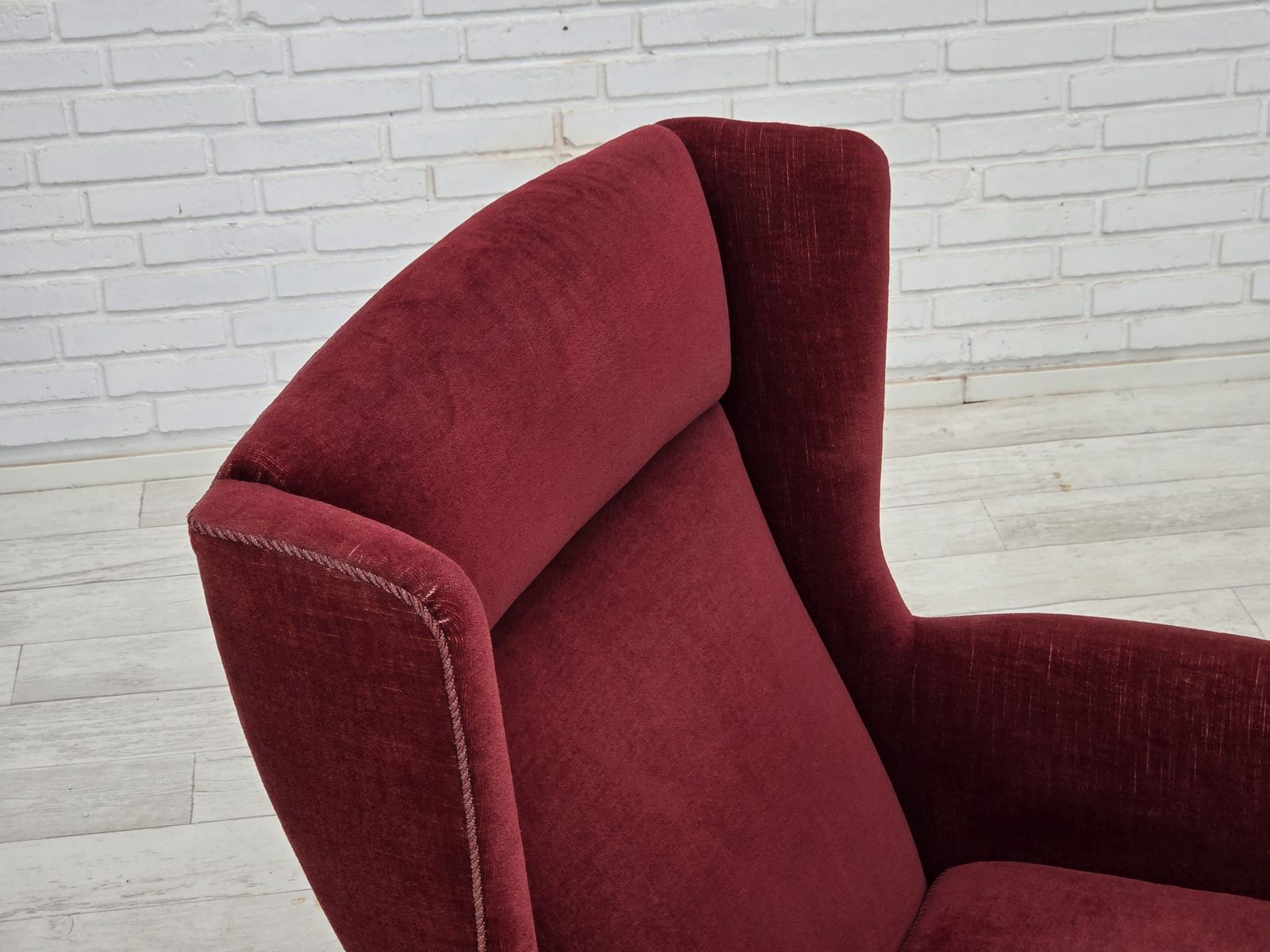 1970s, Danish Highback Chair, Cherry Red Furniture Velour, Ash Wood Legs. photo vinterior
