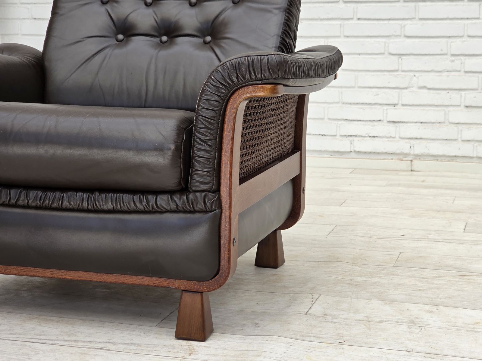 1970s, Scandinavian Armchair, Brown Furniture Leather, Teak Wood Legs. photo vintage
