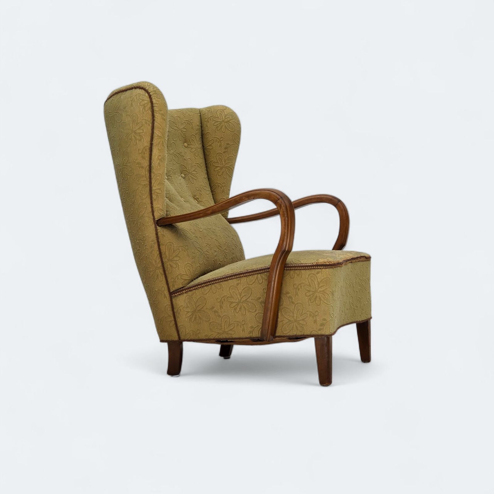 1960s, Danish Armchair, Light Green Furniture Velour, Beech Wood.