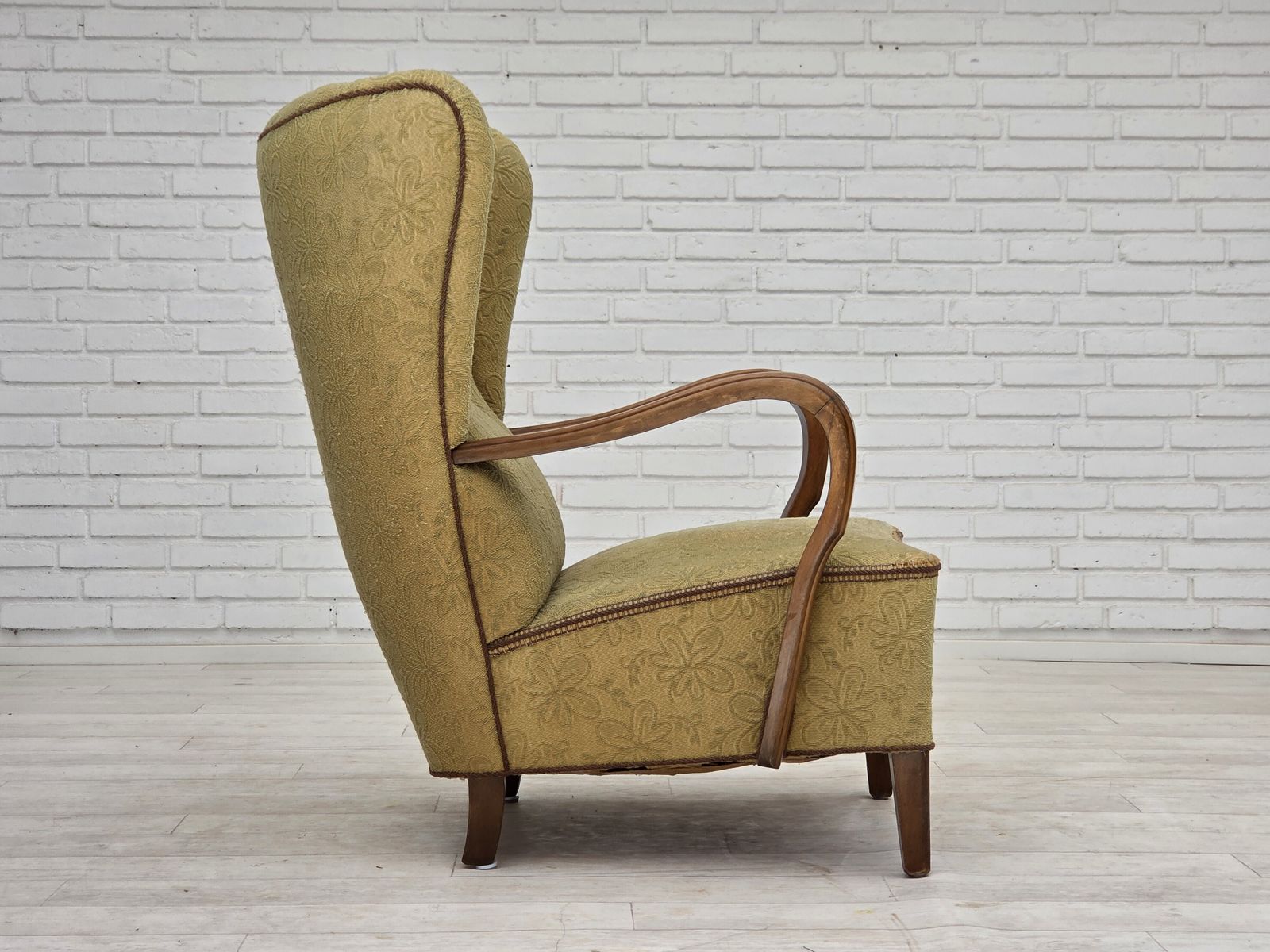 1960s, Danish Armchair, Light Green Furniture Velour, Beech Wood. photo furniture