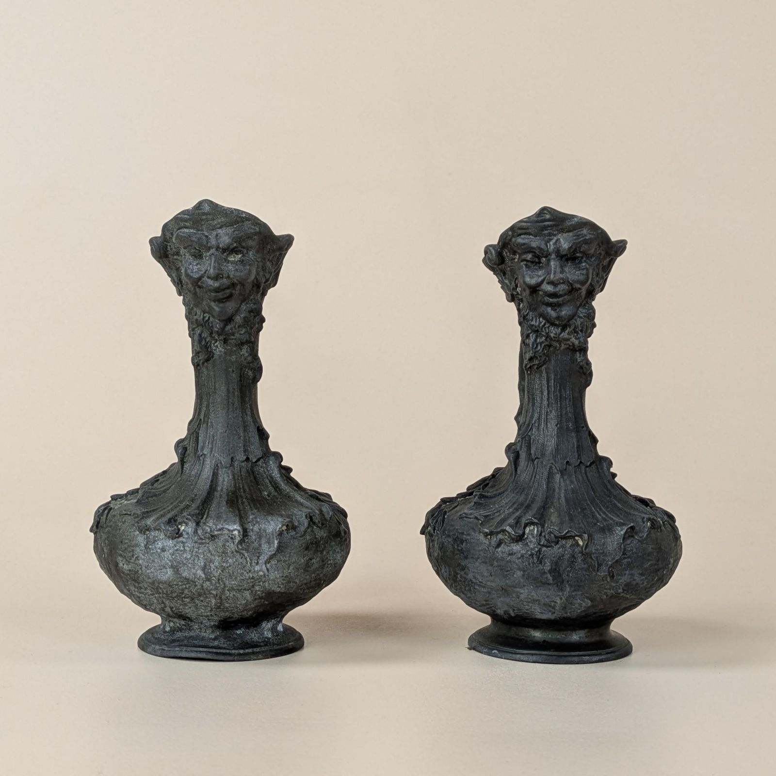 Antique Sylvain Kinsburger Art Nouveau Vases Pair French Satyr Faun Head Figural Sculptural Spelter Metal Mythological Castle Chateau Decor photo furniture