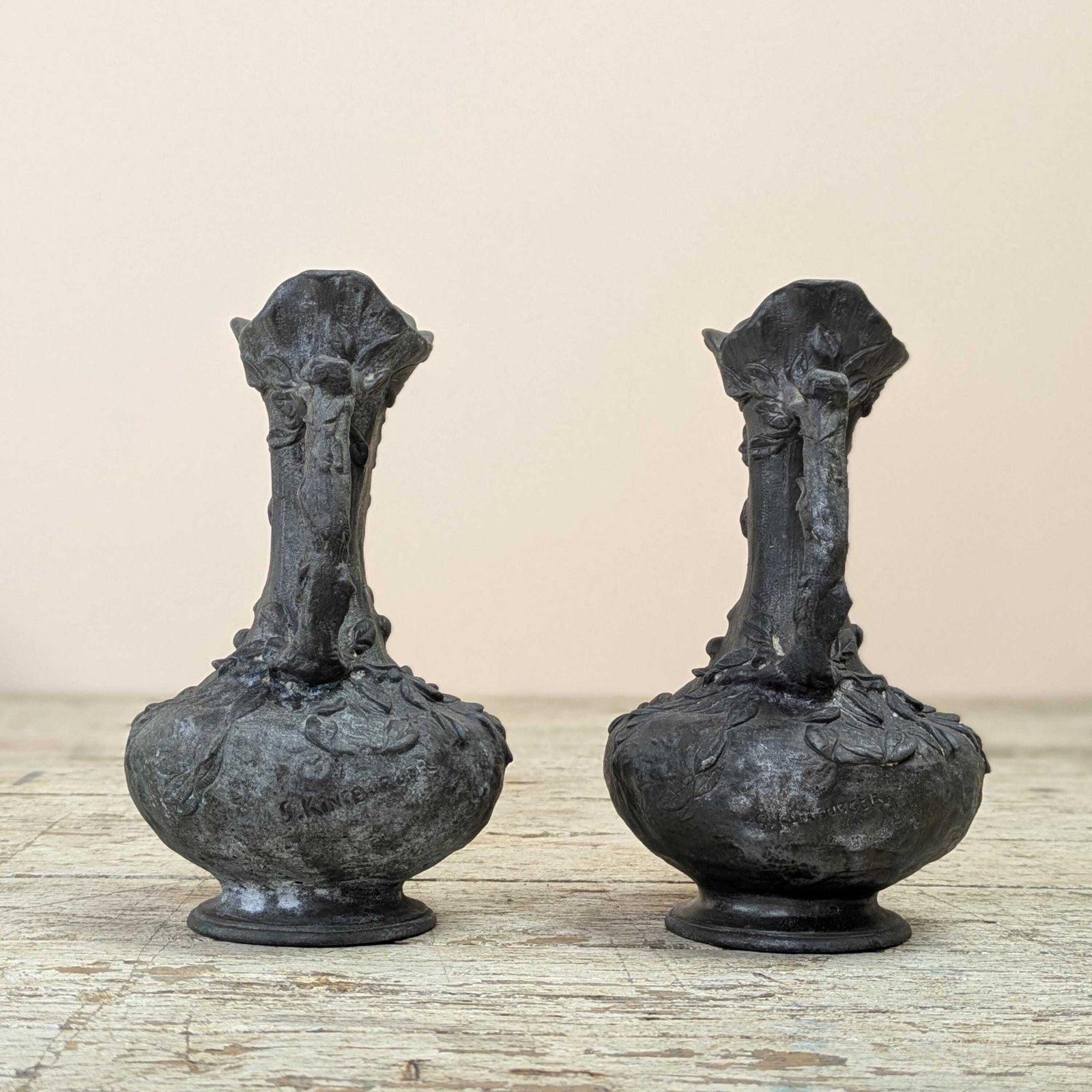 Antique Sylvain Kinsburger Art Nouveau Vases Pair French Satyr Faun Head Figural Sculptural Spelter Metal Mythological Castle Chateau Decor photo 350.0