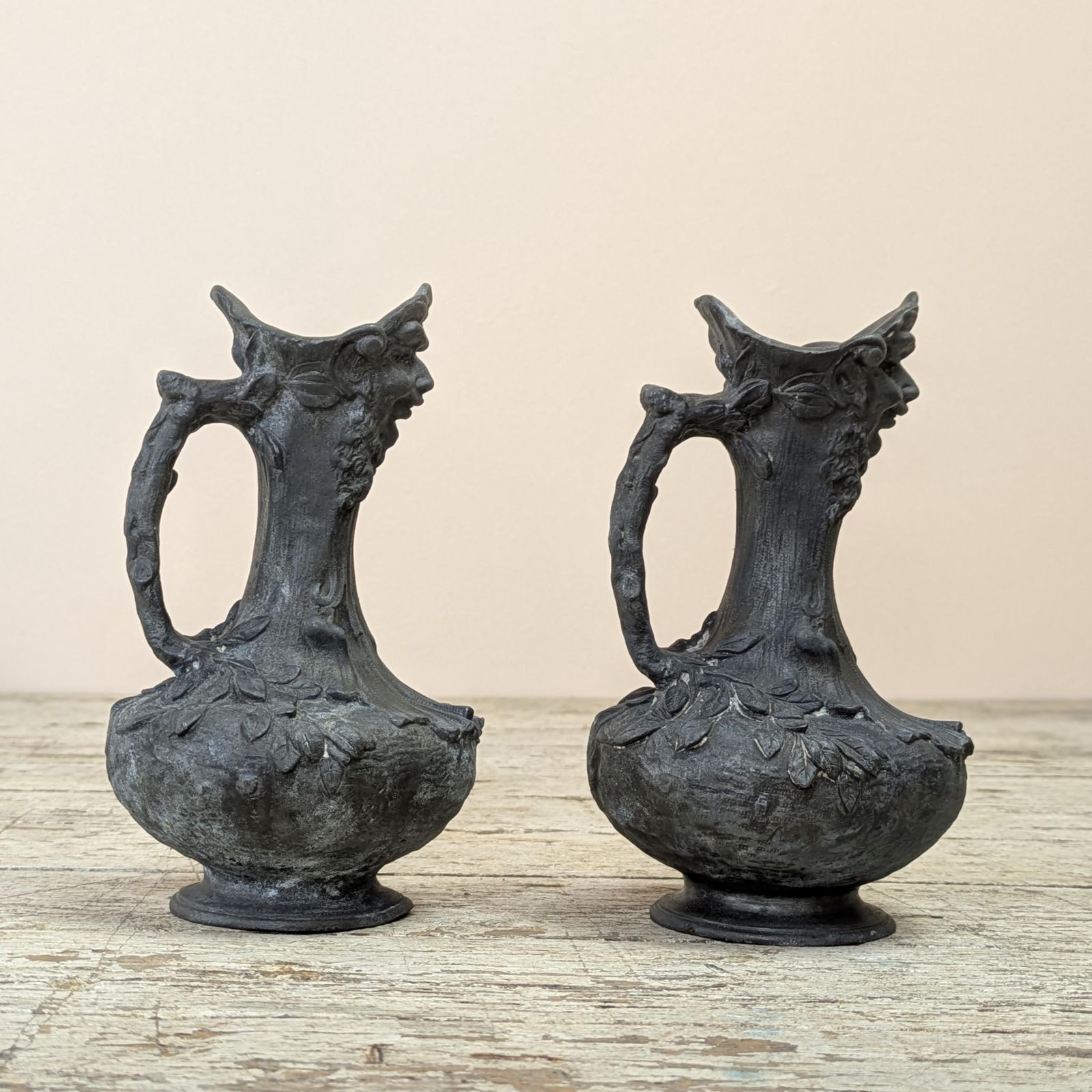 Antique Sylvain Kinsburger Art Nouveau Vases Pair French Satyr Faun Head Figural Sculptural Spelter Metal Mythological Castle Chateau Decor photo buy