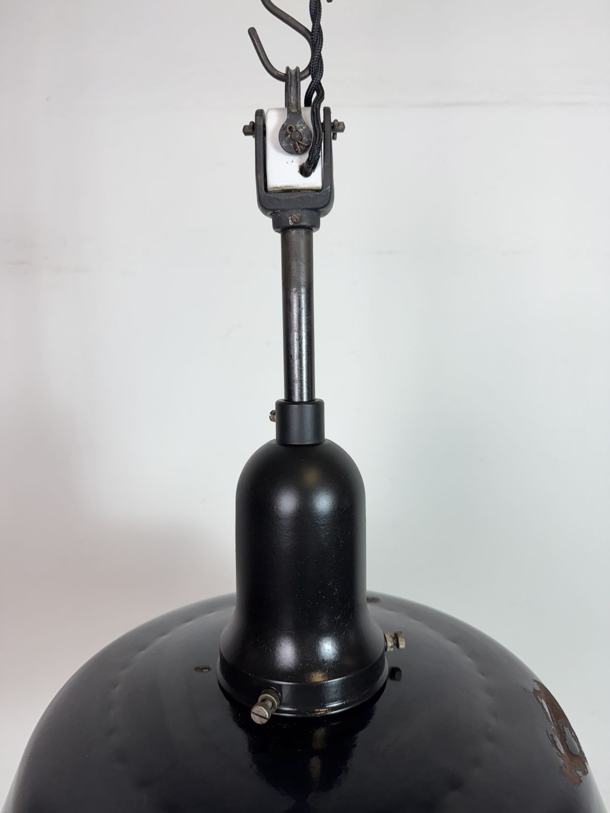 Industrial Black Enamel Factory Lamp With Porcelain Top, 1950s photo 199.0