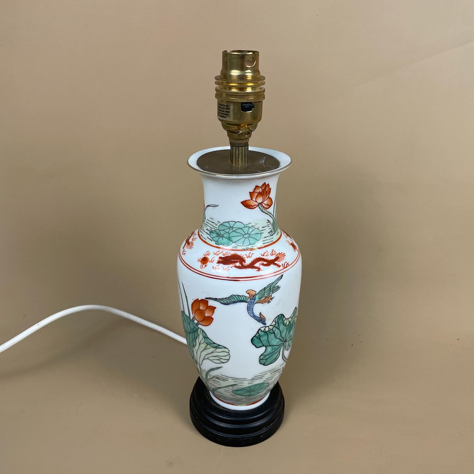 Antique Oriental Lamp Ceramic Light Bedside Table White Green Plants Bird Floral Wooden Base Vintage Round Small photo for sale