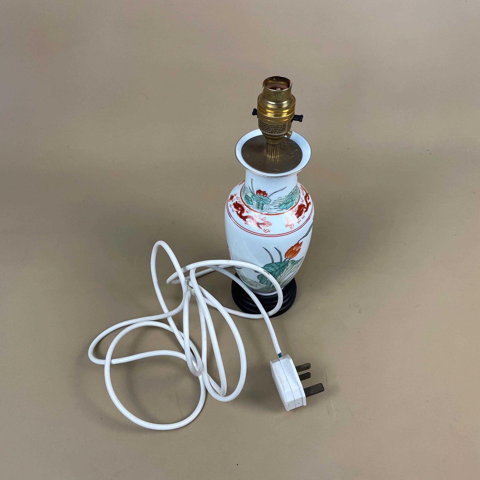 photo for sale Antique Oriental Lamp Ceramic Light Bedside Table White Green Plants Bird Floral Wooden Base Vintage Round Small