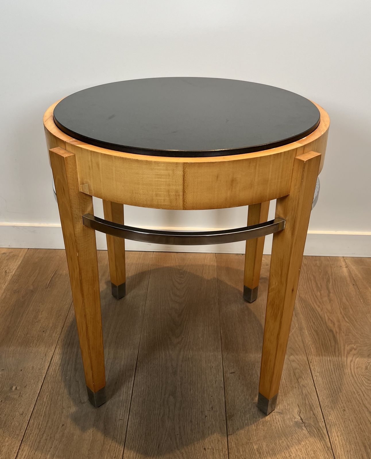 Sycamore Veneer, Chrome And Marble Top Pedestal Table