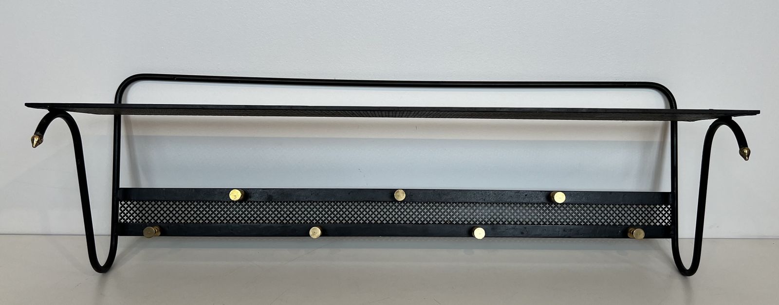 Coat Rack In Black Lacquered Metal, Perforated Sheet Metal And Brass In The Style Of Mathieu Matégot photo for sale