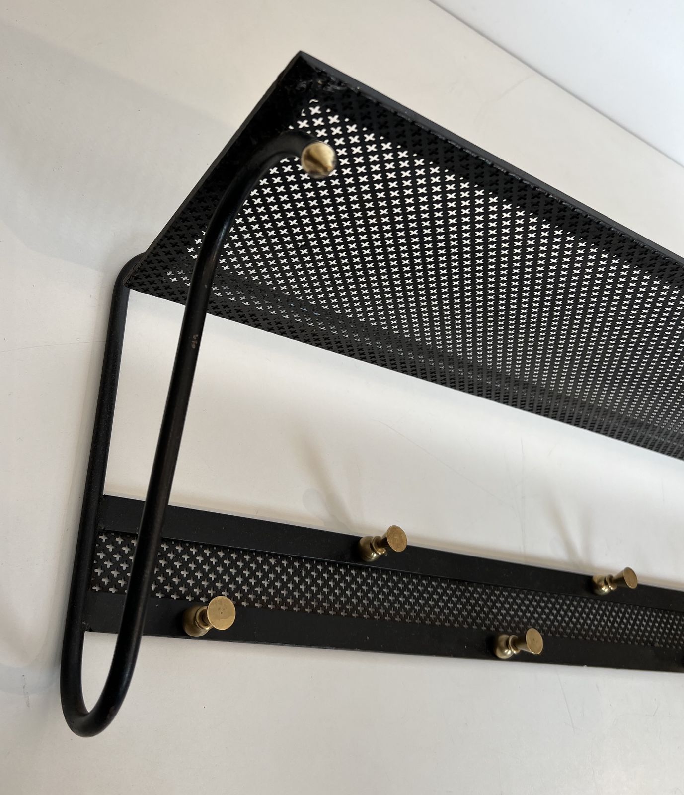 Coat Rack In Black Lacquered Metal, Perforated Sheet Metal And Brass In The Style Of Mathieu Matégot photo buy
