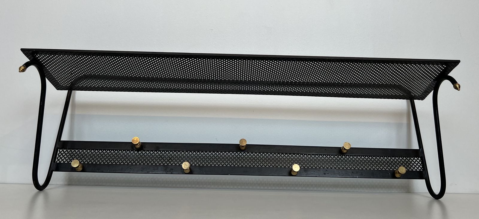 photo vinterior Coat Rack In Black Lacquered Metal, Perforated Sheet Metal And Brass In The Style Of Mathieu Matégot