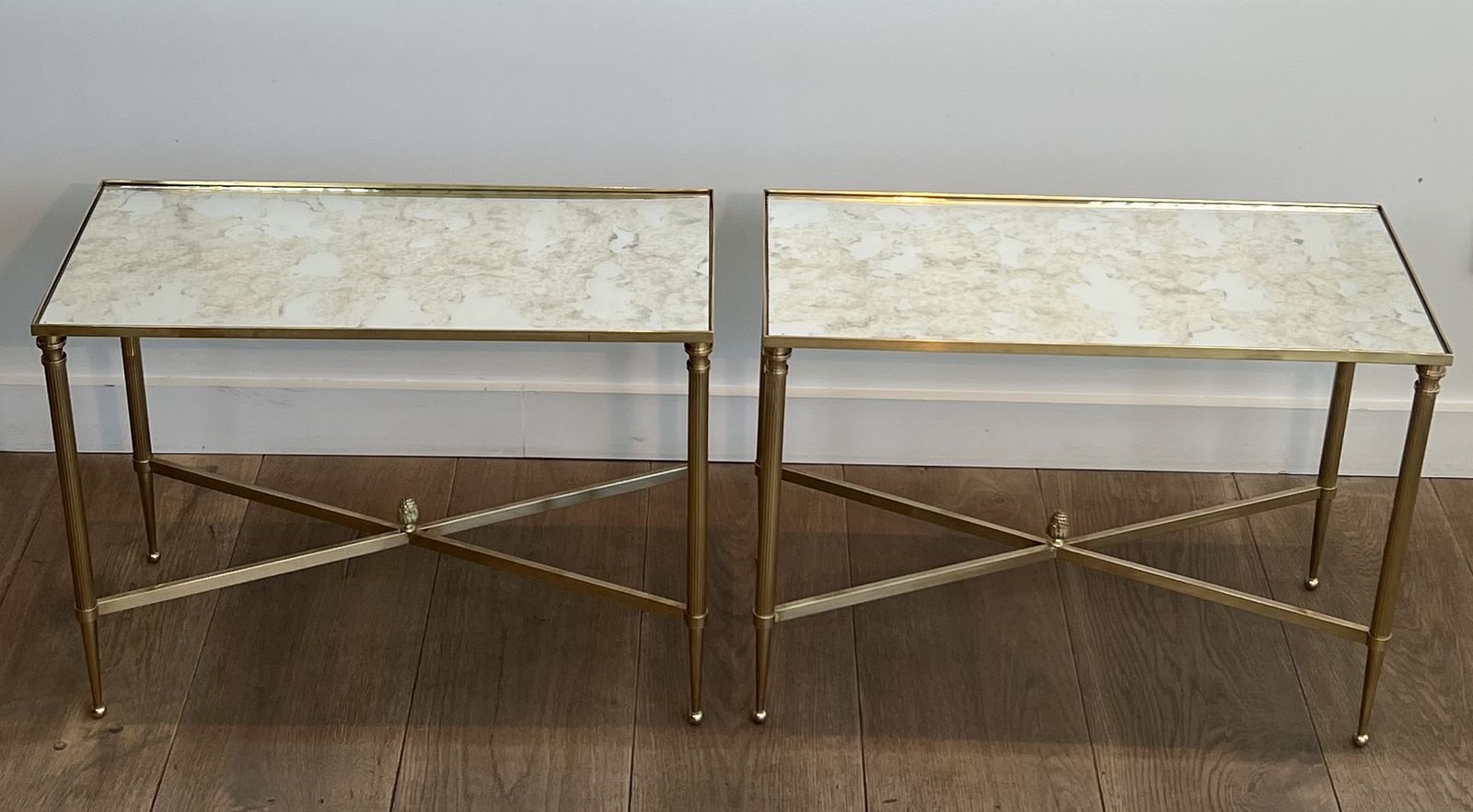 Pair Of Antique Brass Mirror Top End Tables From Maison Jansen photo furniture